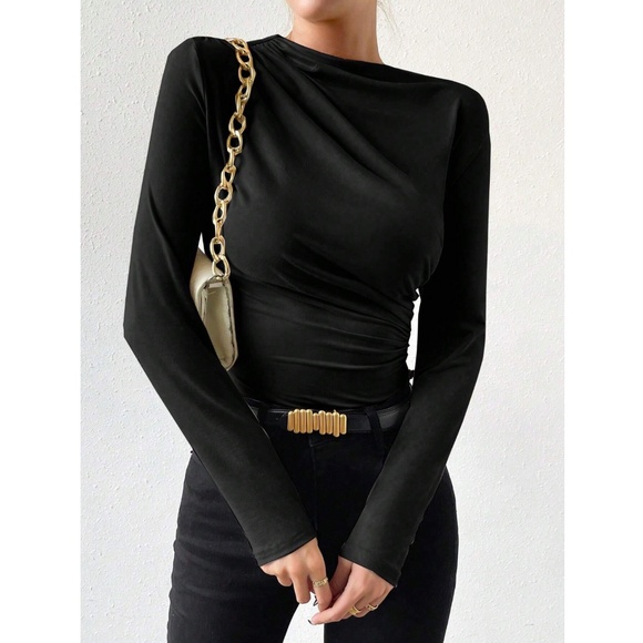 Ruched Asymmetric Black Long Sleeve Bodysuit - Picture 2 of 14